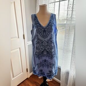 Talbots Blue Sleeveless Linen Dress with Embroidery